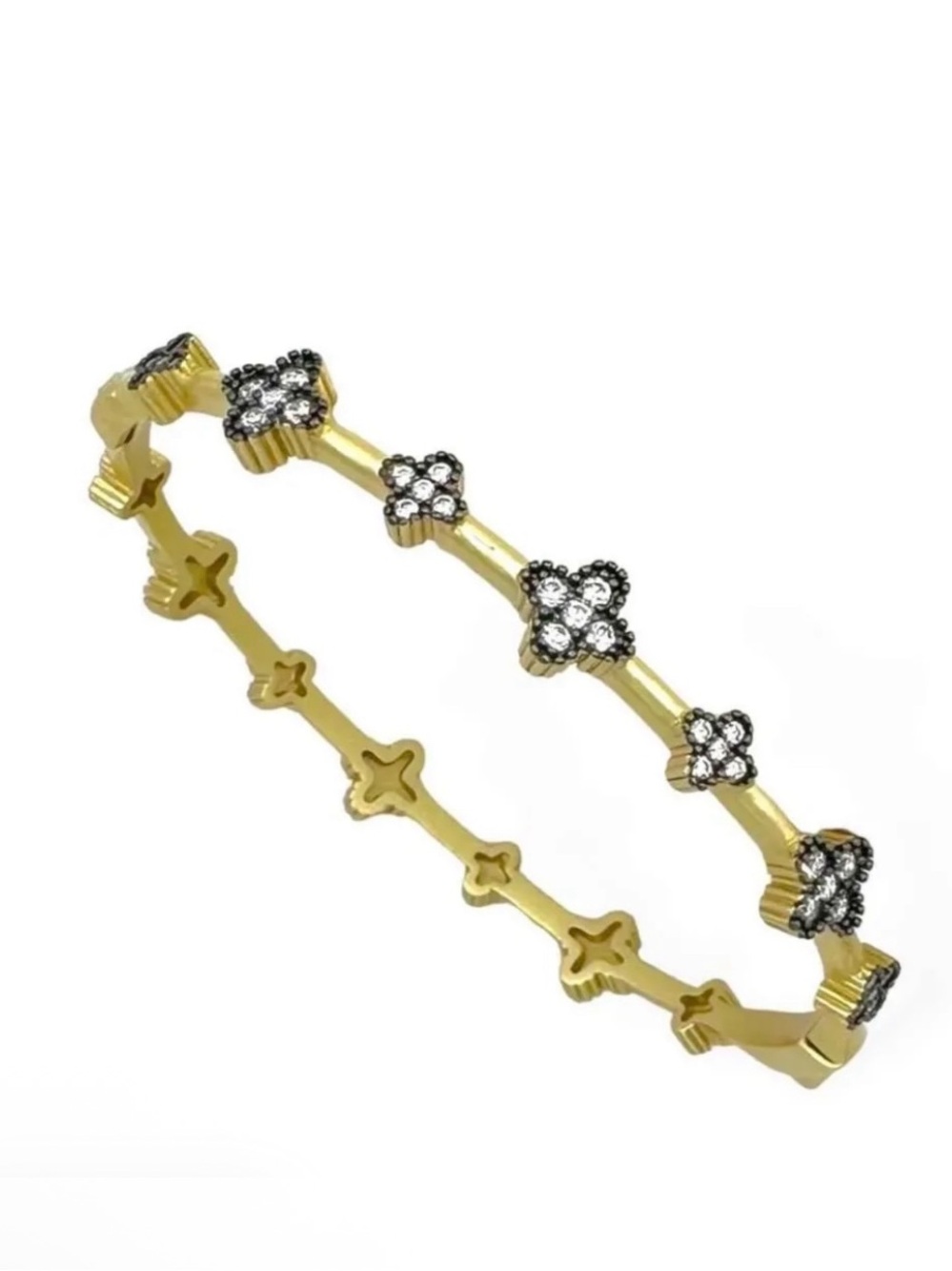 Matte Gold and Hematite Clover Hinge Clasp Reversible Stacking Bangle NWOT